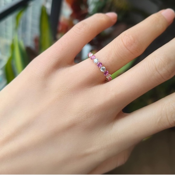 18k Diamond Pink Sapphire Eternity Ring Band - Picture 5 of 10